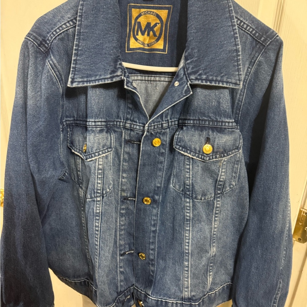 Michael Kors 2X Denim Jacket Blue Gold MK Buttons 100% Cotton Jean Jacket